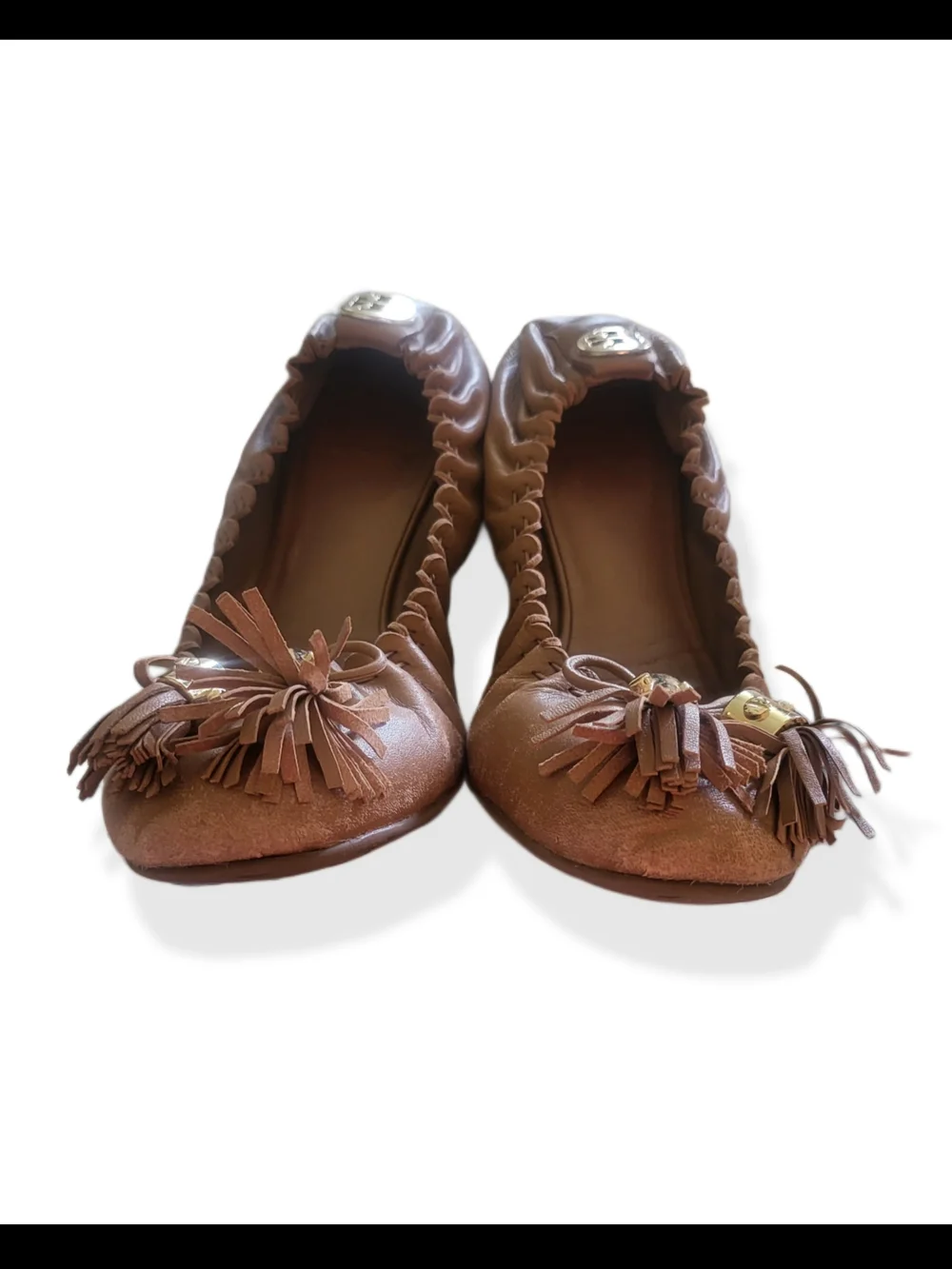 🌿Tory Burch Reese Mestico Royal Tan Leather Tassel Ballet Flats Sz 7